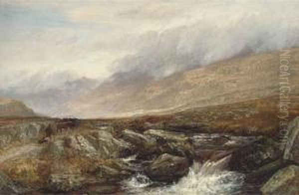 A Drover And His Cattle On A Highland Track Beside A Rockystream Oil Painting by Charles Thomas Burt