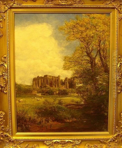 Sheep Grazing Before Castle Ruins, Signed And Dated 'c.t. Burt 1864' Oil Painting by Charles Thomas Burt