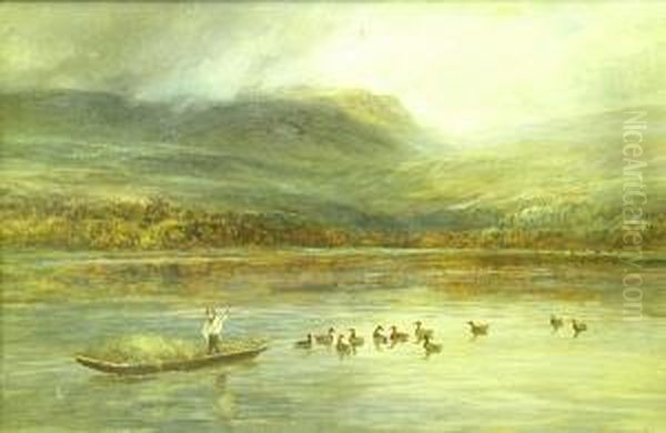 Lake Landscape With Figure In Punt Oil Painting by Charles Thomas Burt