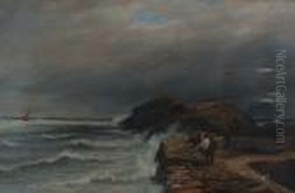 Figures On A Harbour Jetty Looking Out To A Stormy Sea Oil Painting by Charles Thomas Burt