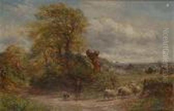 Driving Sheep, Believed To Be Accross Tennel Lane, Harborne, Near Birmingham Oil Painting by Charles Thomas Burt