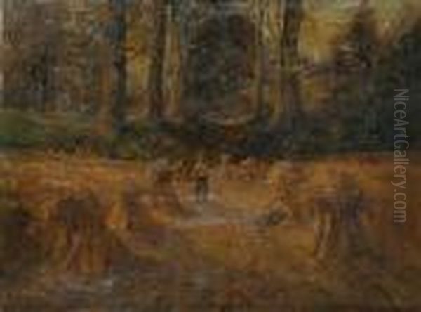 Figures Resting Amongst The Hay Bales Within A Wooded Landscape Oil Painting by Frederick William Burton