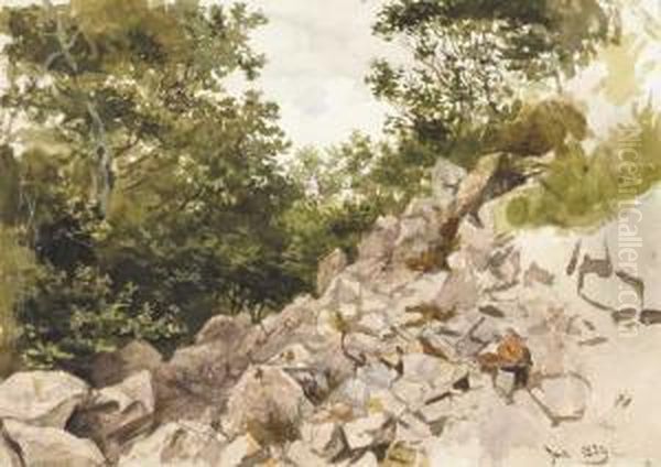 A Rocky Bank And Trees Beyond Oil Painting by Frederick William Burton