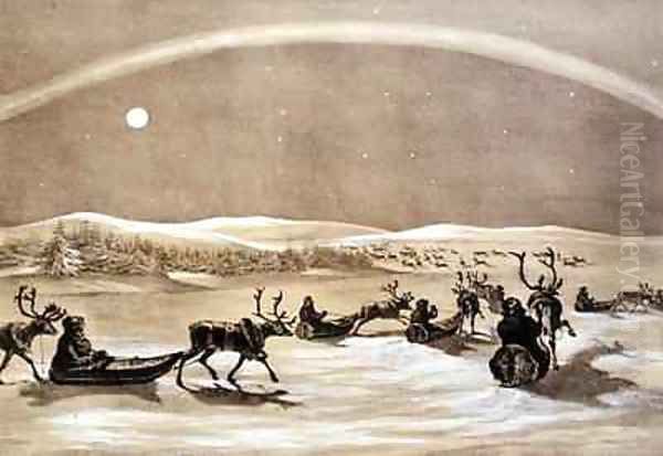 A Singular Appearance of the Northern Lights above a Laplander's Herd of Reindeer Crossing the Jerdis Javri Oil Painting by Brooke, Sir Arthur de Capell