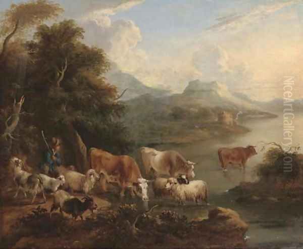 A river landscape with a shepherd, his flock and other cattle on the bank Oil Painting by Dirck Van Bergen