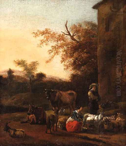 An Italianate Landscape with a Milkmaid and a Herdsman beside a Villa Oil Painting by Dirck Van Bergen