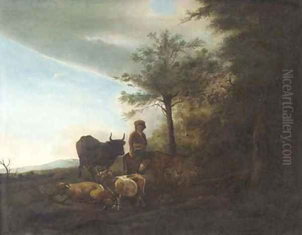 A wooded landscape with a shepherd, goats and cattle Oil Painting by Dirck Van Bergen