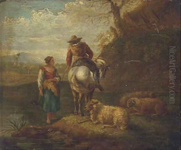 An Italianate river landscape with a shepherd and shepherdess and their flock Oil Painting by Dirck Van Bergen