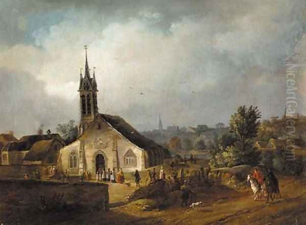 A country church with villagers and horsemen on a nearby track Oil Painting by Johann-Christian Brand