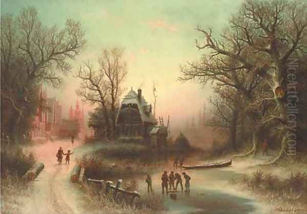 Figures in a winter landscape Oil Painting by Albert Bredow