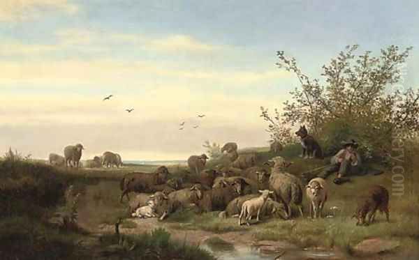 A shepherd resting with his flock Oil Painting by Caesar Bimmermann