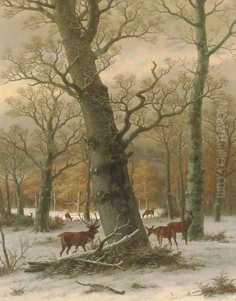 Deer in a Forest Oil Painting by Caesar Bimmermann