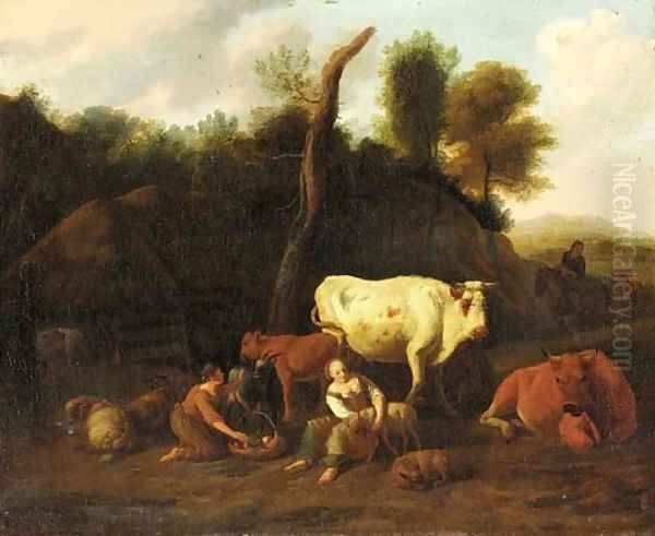 A farmyard landscape with drovers Oil Painting by Dirk van Bergen