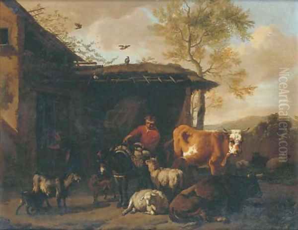 A rustic by a barn with his donkey and other animals Oil Painting by Dirk van Bergen