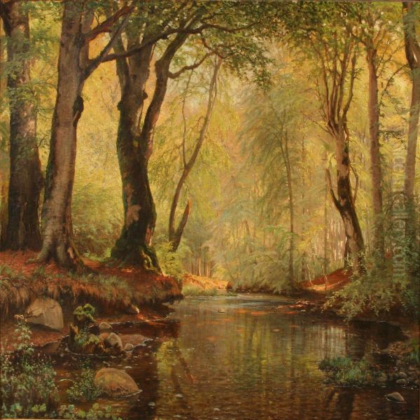 Serpentine Stream In A Spring Forest Oil Painting by Peter Busch