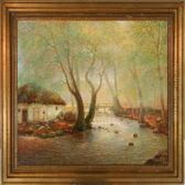 View From A Forest With An Old Water Mill Oil Painting by Peter Busch