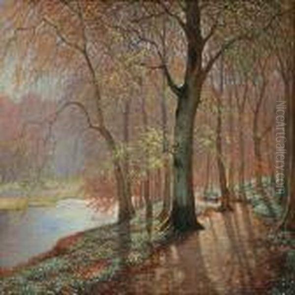 Forest With Path Along A Lake Oil Painting by Peter Busch