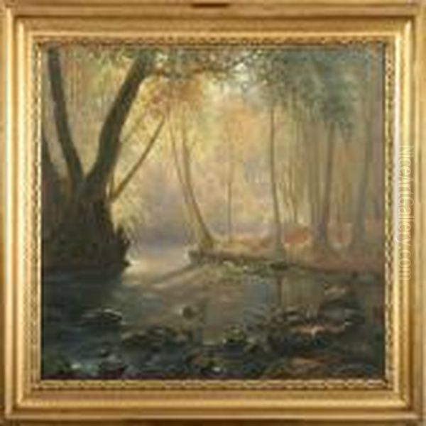 Forest Scene With Sunlitstream Oil Painting by Peter Busch