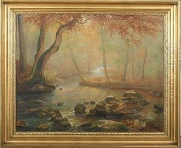 Stream And Haze Sunlight Among Trees Oil Painting by Peter Busch