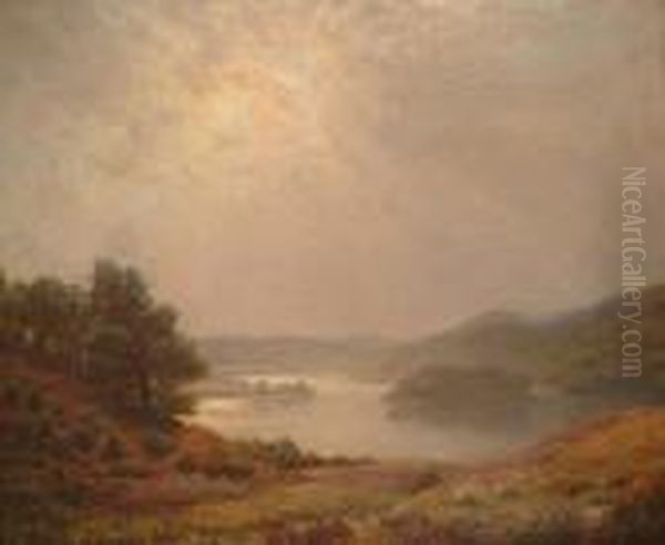 An Extensive View Over A Valley, With Figures In A Rowing Boat On A Lake. Oil Painting by Peter Busch