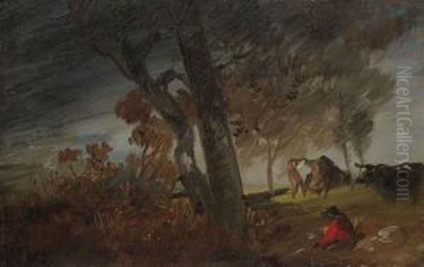 Herbstlandschaft Mit Rotjacke Und Zwei Kuhen Oil Painting by Wilhelm Busch