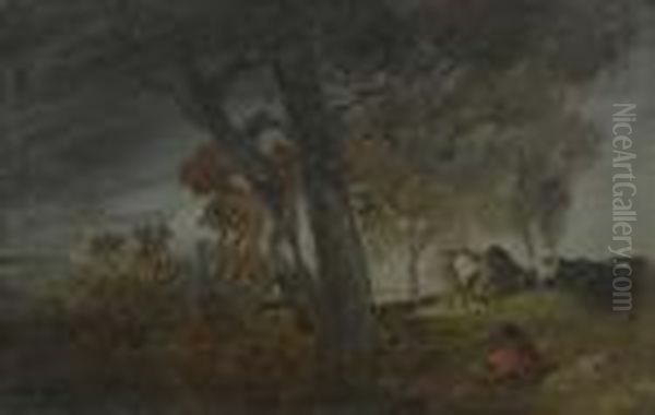 Autumn Landscape With Redcoat And Two Cows. Oil Painting by Wilhelm Busch