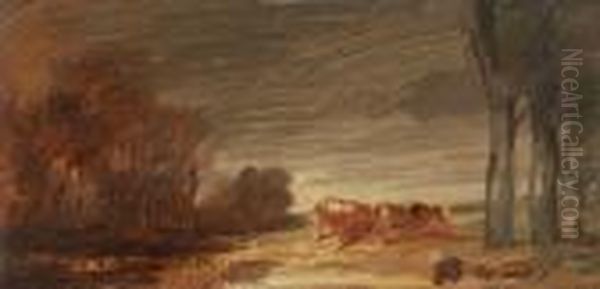 Landschaft Mit Zwei Kuhen Oil Painting by Wilhelm Busch