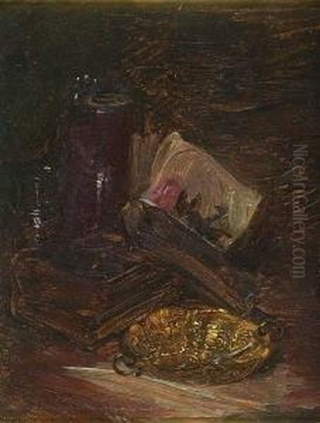 Stillleben Mit Buchern, Krug Und
 Aschenbecher. Oil Painting by Wilhelm Busch