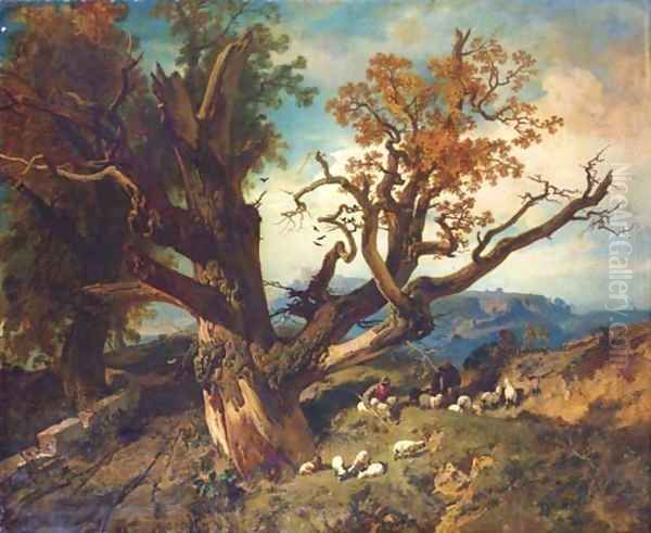 Shepherds with their flock in a mountainous landscape Oil Painting by School Of Barbizon