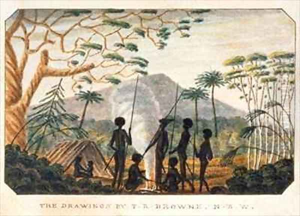 Group of aborigines around a campfire Oil Painting by T.R. Browne