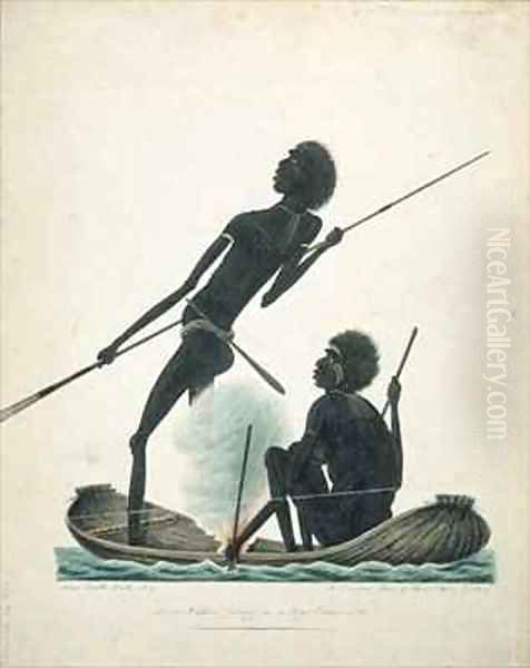 Natives fishing in a bark canoe Oil Painting by T.R. Browne