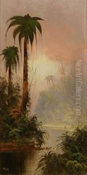 Tropical River Landscape S & Dated L/l: N. Bush 1874 O/c 20 X 10.5 Oil Painting by Norton Bush