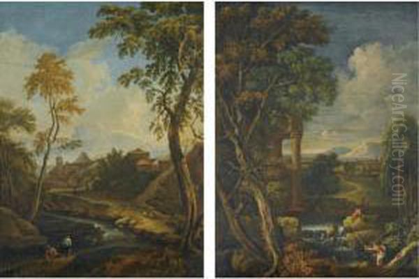 An Italianate Landscape With 
Fishermen In The Foreground Before Classical Ruins; An Italianate 
Landscape With Fishermen In The Foreground With A Town Beyond Oil Painting by Jan Frans Van Bloemen (Orizzonte)