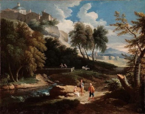 Paesaggio Con Viandanti Lungo Il Fiume Oil Painting by Jan Frans Van Bloemen (Orizzonte)