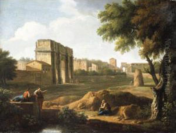 Rome, A View Of The Forum With The Arch Of Constantine And The Arch Of Titus Beyond Oil Painting by Jan Frans Van Bloemen (Orizzonte)