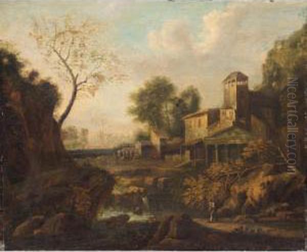 Italianate Landscape With A Figure Beside A River And A Town Beyond Oil Painting by Jan Frans Van Bloemen (Orizzonte)