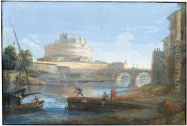 View Of Castel Sant' Angelo With Figures Fishing In The Tiber In The Foreground Oil Painting by Jan Frans Van Bloemen (Orizzonte)