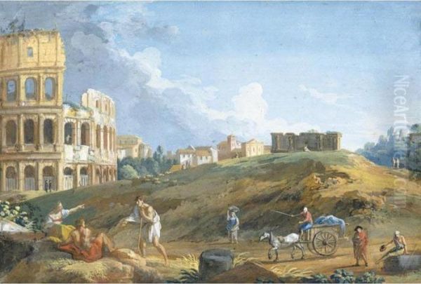 View Of The Colosseum With Travellers In The Foreground Oil Painting by Jan Frans Van Bloemen (Orizzonte)