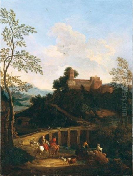 Paesaggio Romano Nei Pressi Di Un Fiume Con Ponte E Cavalieri Oil Painting by Jan Frans Van Bloemen (Orizzonte)