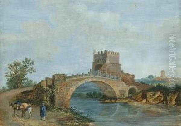 Traveller With A Donkey Approaching The Ponte Molle Oil Painting by Jan Frans Van Bloemen (Orizzonte)