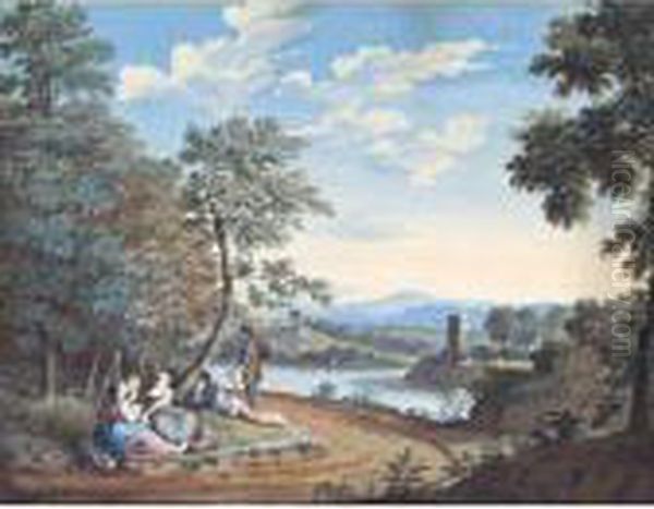 A Landscape With Figures Resting
 By A River, A Tower To The Right And Buildings In The Background Oil Painting by Jan Frans Van Bloemen (Orizzonte)