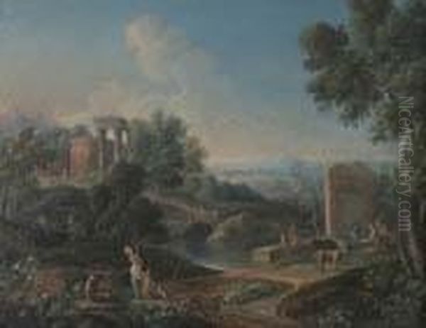 Paesaggio Fluviale Nei Dintorni Di Roma Con Fontana E Lavandaie Oil Painting by Jan Frans Van Bloemen (Orizzonte)