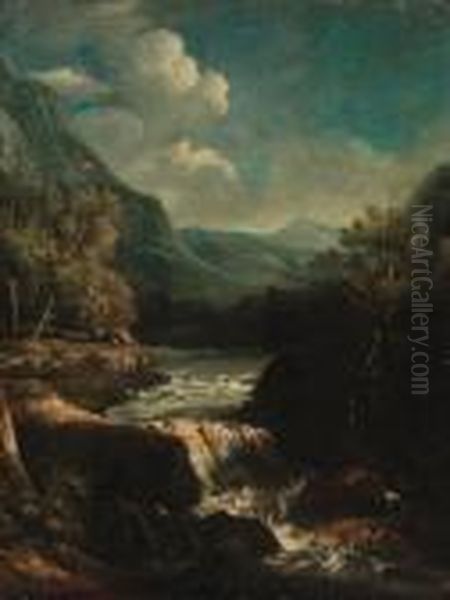 An Italianate Rocky River Landscape With Travellers On Atrack Oil Painting by Jan Frans Van Bloemen (Orizzonte)