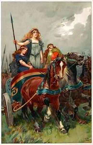 Spear in hand, Boadicea led them to attack Oil Painting by Gordon Frederick Browne