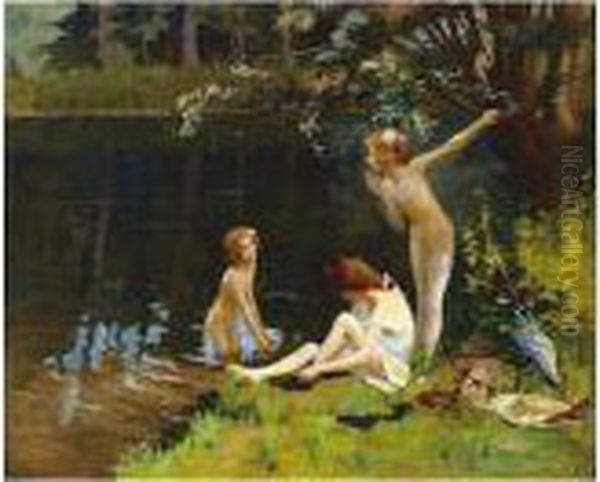 Young Girls Bathing Oil Painting by Gaston Bussiere