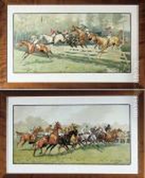 Scenes De Courses De Chevaux : < Le Saut De La Haie > Et < La Course > Oil Painting by Georges Louis Ch. Busson