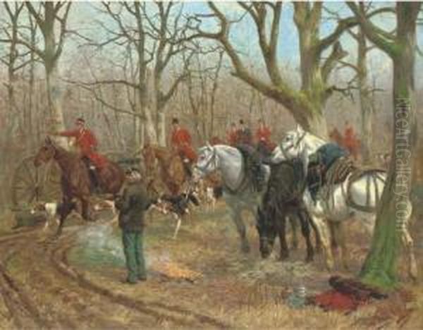 Chasse A Cour: A Stag Hunt On A Woodland Track Oil Painting by Georges Louis Ch. Busson