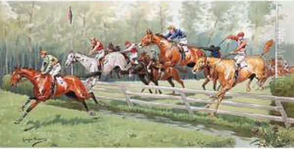 La Course, Saut De La Riviere Oil Painting by Georges Louis Ch. Busson