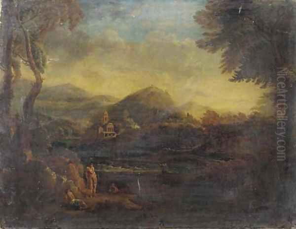 Figures in an Arcadian landscape Oil Painting by Copplestone Warre Bamfylde