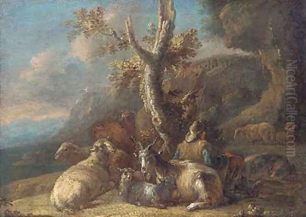 A mountain pass with a shepherd and his goats at rest Oil Painting by Domenico Brandi